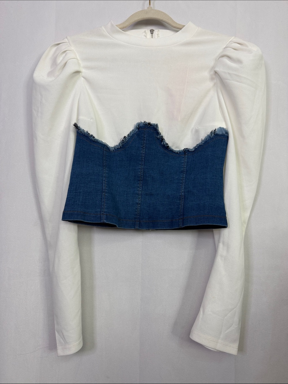 White Long Sleeve Fitted Cropped Top with Denim Corset Detail